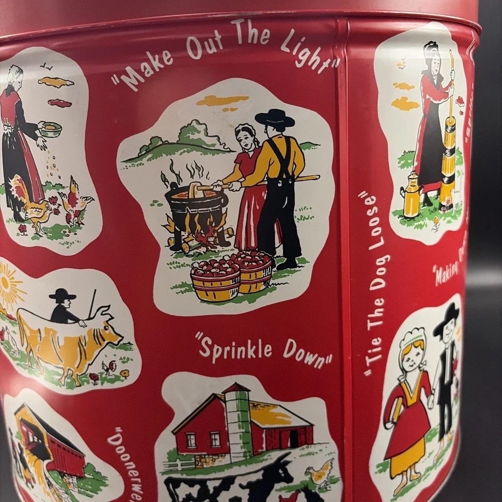 Pretzel Tin & Tray Dutch Red Vtg Farmhouse Boho Cottage Amish Storage Container
